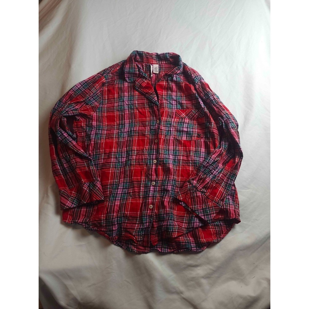 Victoria's Secret Pajama Top Womens L Red Plaid Preppy Grunge Lounge Sleepwear